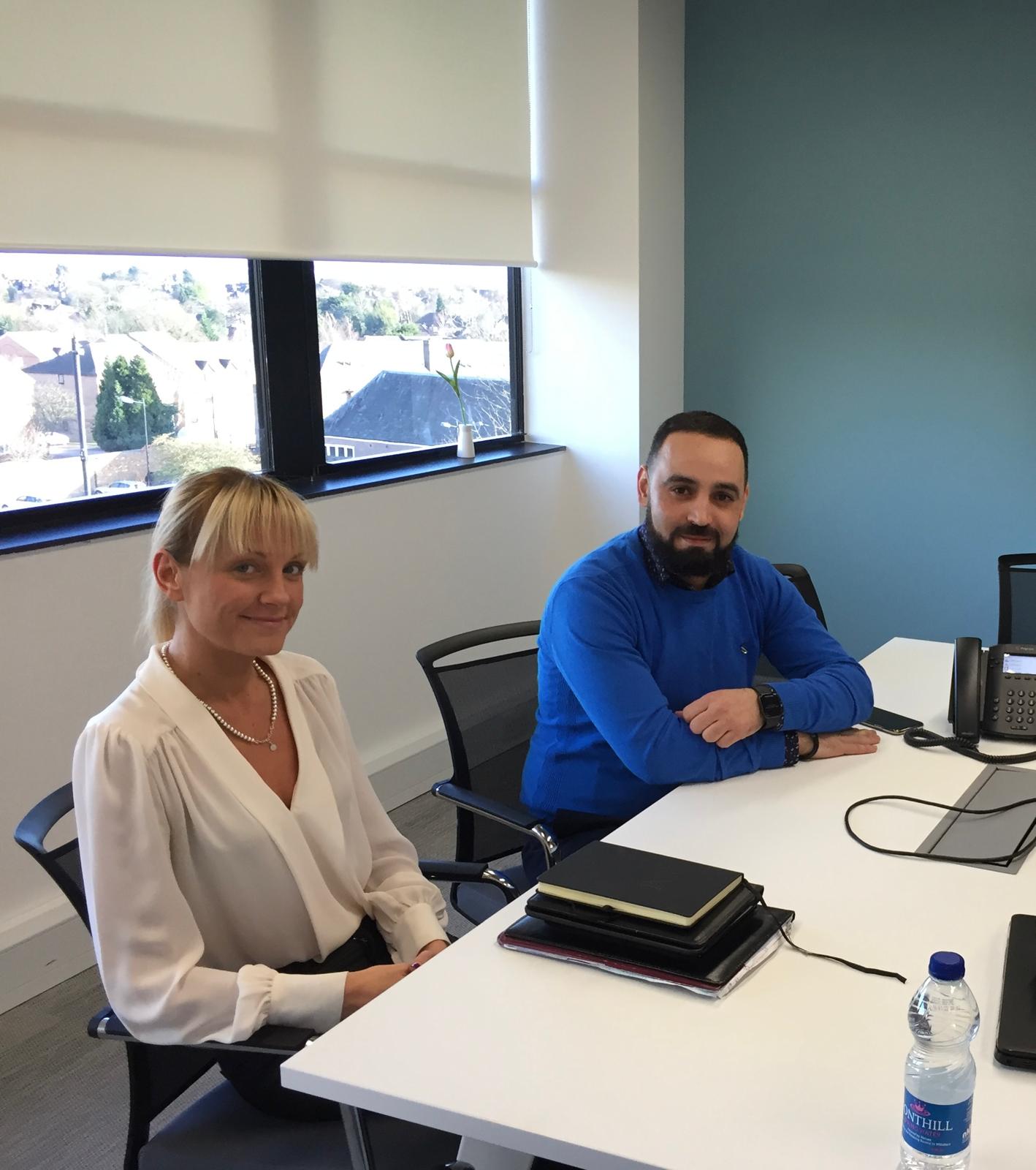 Emma Mattocks meeting a one member at his office in Watford